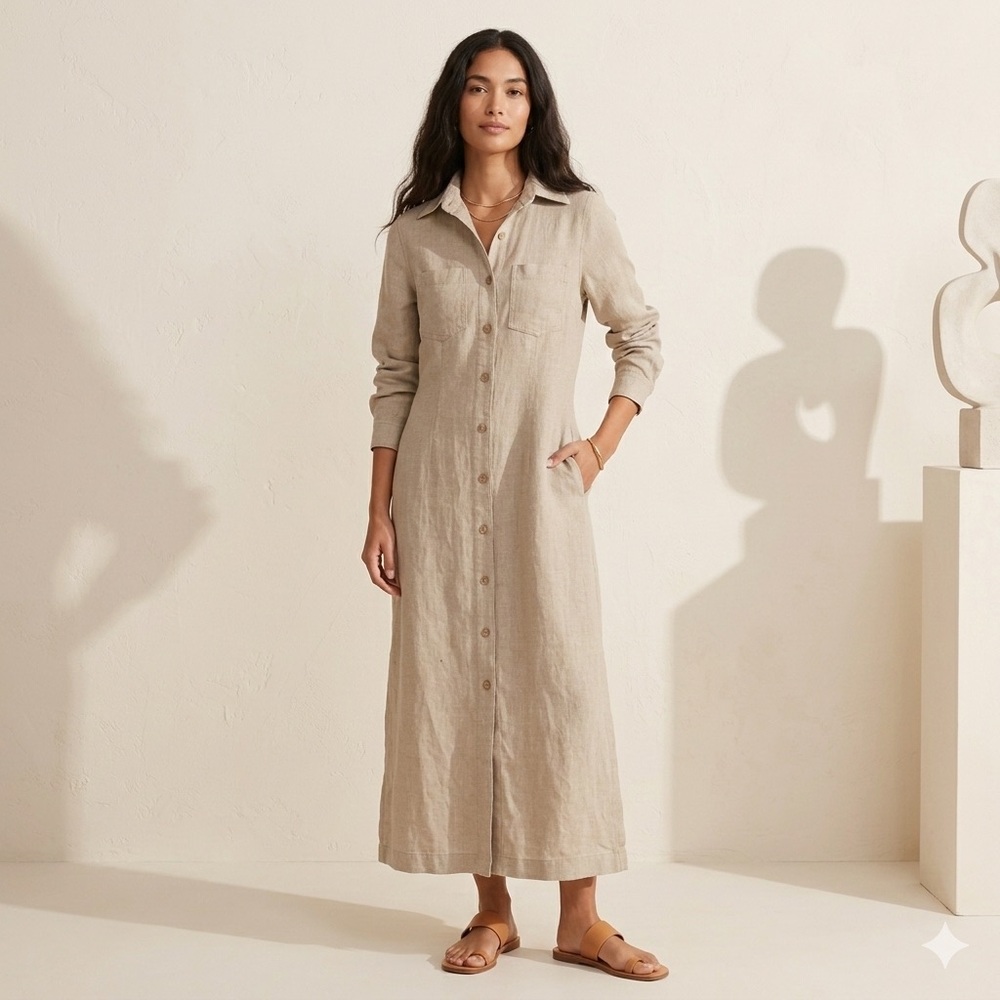 Vintage Petite 4 100% Flax Linen Maxi Dress Button Front Sustainable Earthy Tan